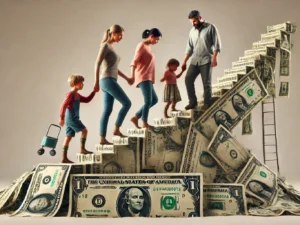 Family trying to climb economic liberty with a unstable stair. Universal Basic Income