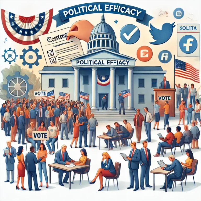 An illustration depicting the concept of political efficacy. The image should include a diverse group of citizens actively participating in democratic processes, such as voting, attending a rally, and engaging in discussions. The scene should show a sense of empowerment, with people holding signs, discussing politics, and casting ballots. The background should include symbolic elements of government buildings, a flag, and social media icons, representing both traditional and digital engagement in politics. The mood should be optimistic, symbolizing positive civic engagement and political participation.